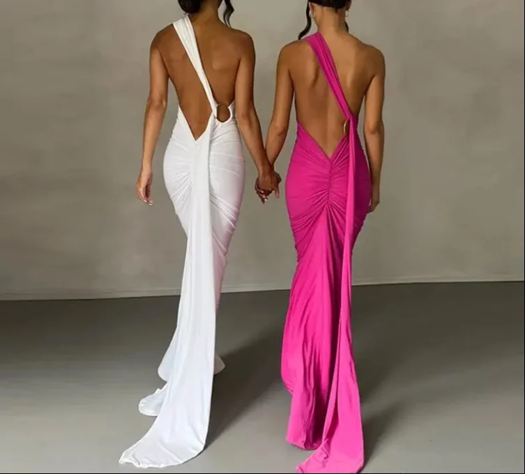 

Backless Pleated Slim Fit Solid Color Sleeveless Temperament Dress for Women's Summer Sexy Hip Hugging Trailing Dress