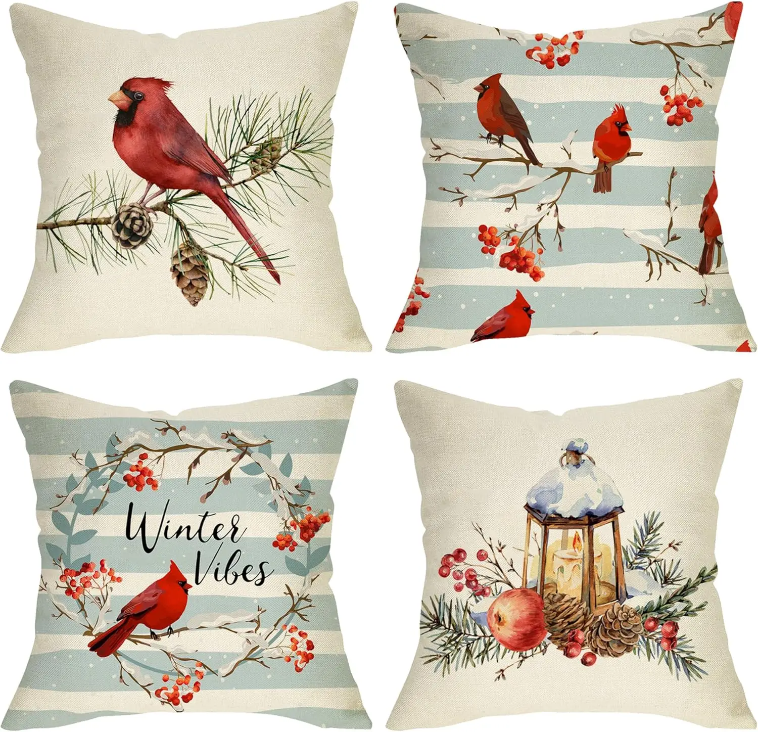 

Winter Cardinal Red Birds Decorative Throw Pillow Cover 18x18in Set of 4 Berry Wreath Pine Cones Kerosene Lamp Striped Home