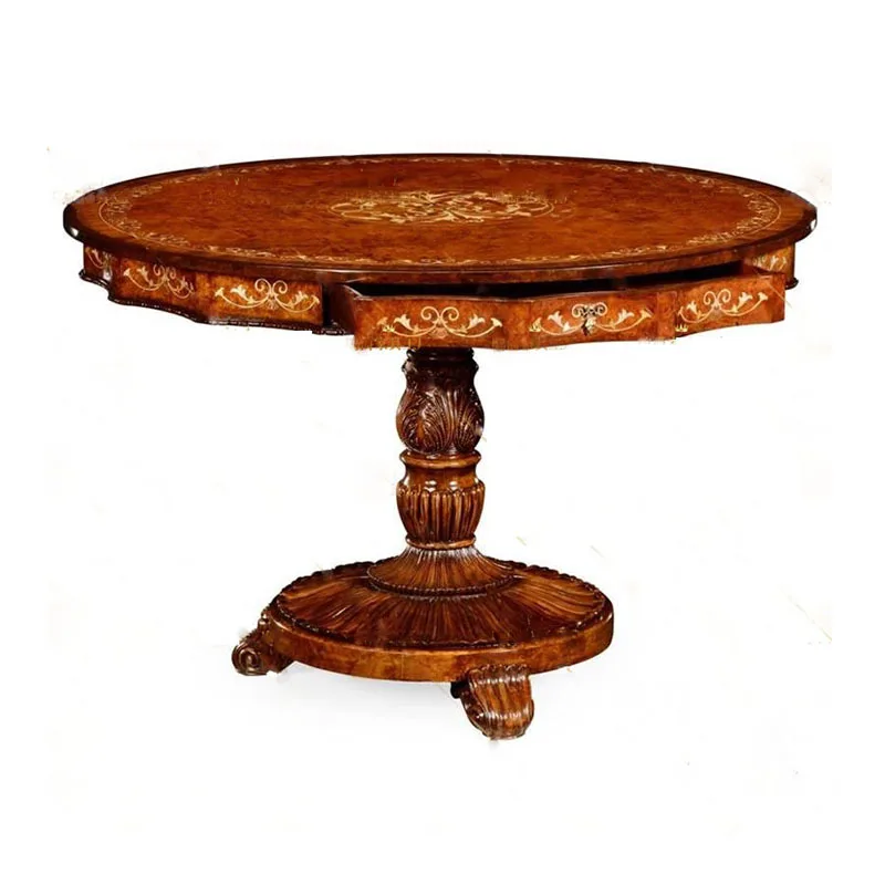 tble English shell veneer parquet   mahogany round villa and chairs