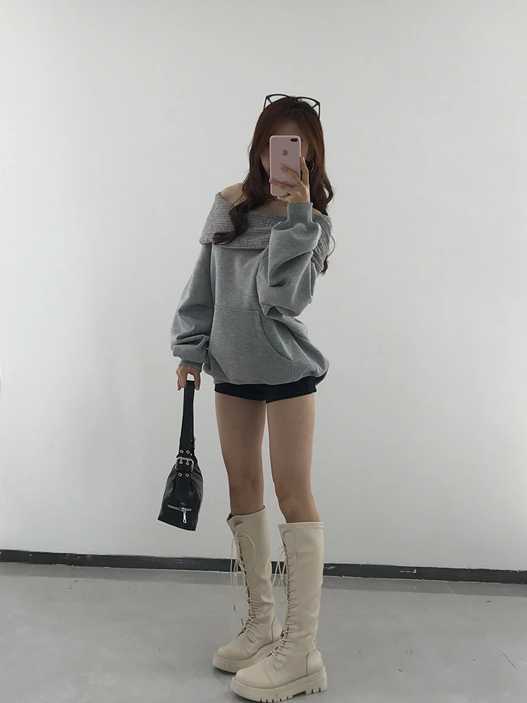 فضفاض oulder قطعة واحدة هوديي المرأة Sle الكورية تصميم الخريف جديد Faion صغير ence واسعة Ne أعلى ألياف البوليستر