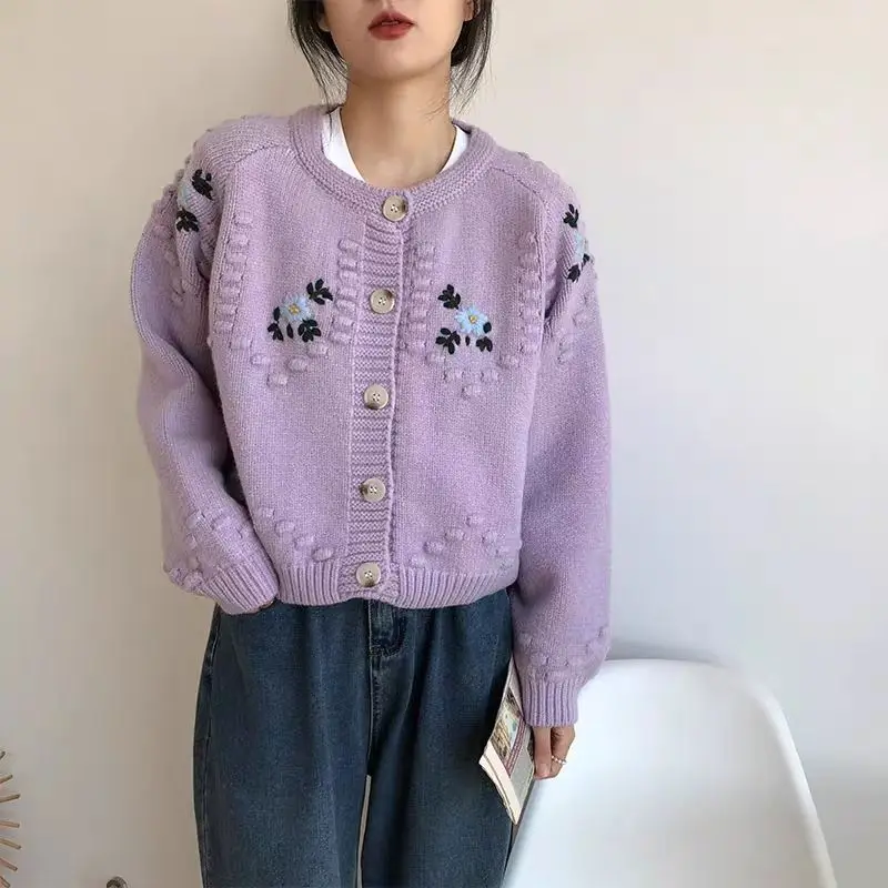 Korean style Embroidery Cardigan Women Sweet Cropped Sweaters Gentle Knitted Retro Fashion Floral Cardigan