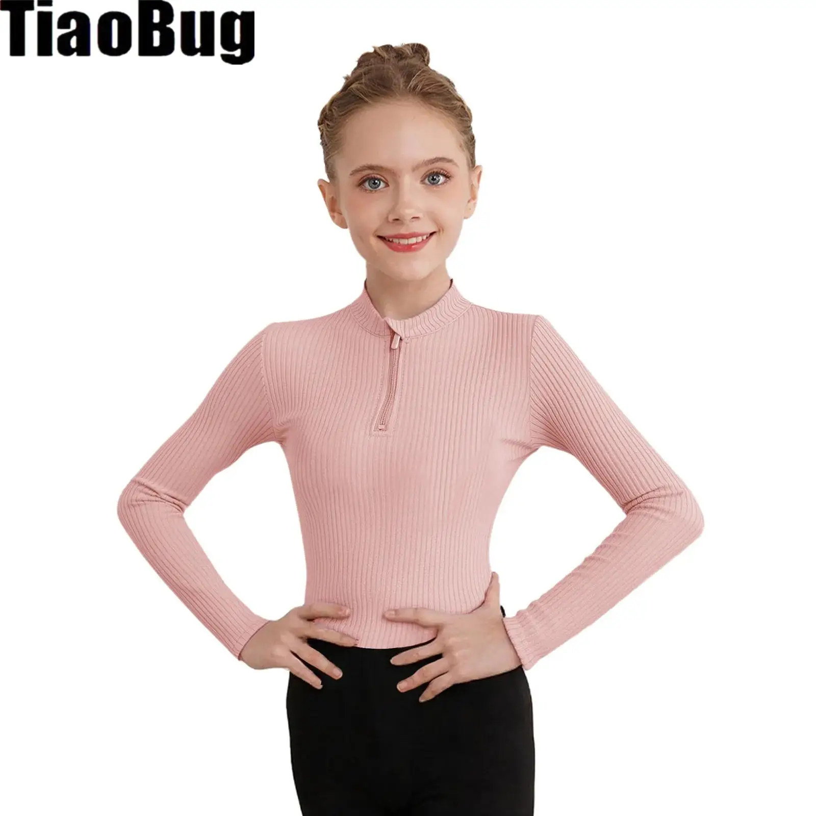 

Kids Girls Ribbed Ballet Tops Stand Collar Long Sleeves Thumbhole Casual Solid Color Zip-Up Pullover Tops Dancewear