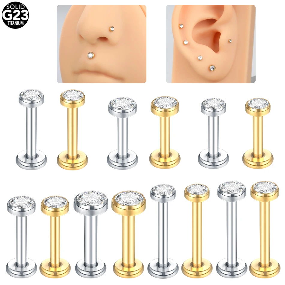 Pendientes de circonita de titanio para oreja, Piercings de 16G y 14G con rosca interna para labio, Labret, cartílago, hélice, lóbulo y concha, 1 unidad