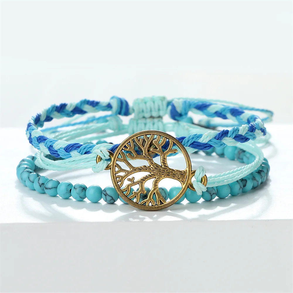 ボヘミアンツリーオブライフチャームブレスレット女性、ビーズのバングル、ワックススレッド、編組ロープブレスレット、手作りジュエリーギフト、男性、セットあたり3個