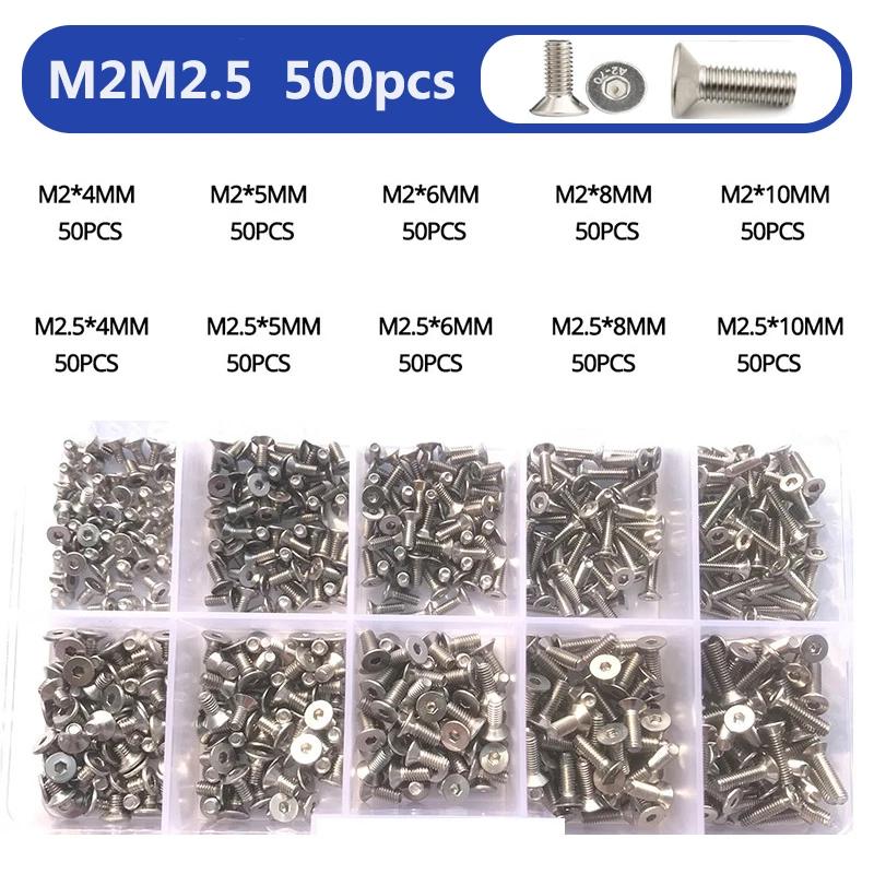 Innensechskantschrauben-Set M2 M2.5 M3 M4 M5 M6 aus 304 Edelstahl, Senkkopfschrauben mit Innensechskant und Mutter – Detail 11