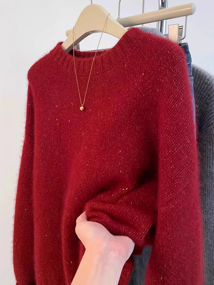 Loose Fit round Neck Knitted Sweater Women's Purple Versatile Casual Top Fashionable Autumn Winter New Arrival Warmth Heating