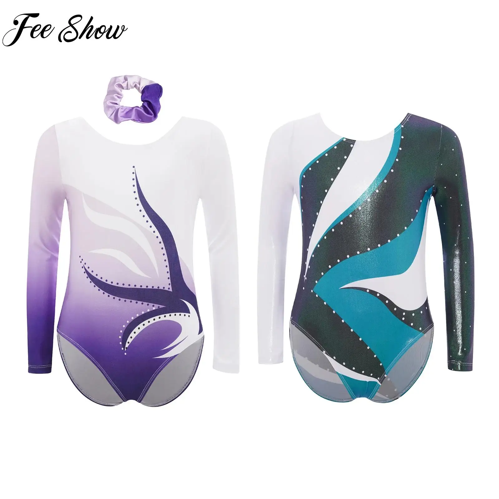 

Детская спортивная гимнастика для девочек-подростков, танцевальная одежда для фигурного катания, комбинезон с длинными рукавами и повязкой на голову, костюмы балерины