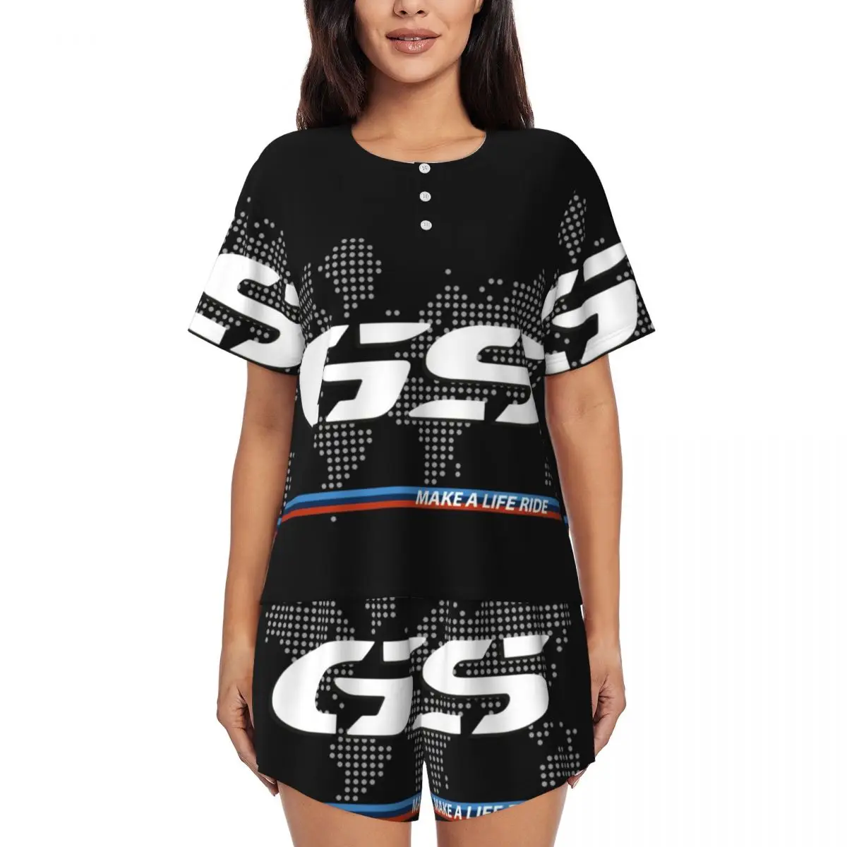 Custom Make A Life Ride GS Motorcycle Adventure Pajamas Set Women's 2 Piece Short Sleeve Sleepwear Loungewear PJS Shorts Sets