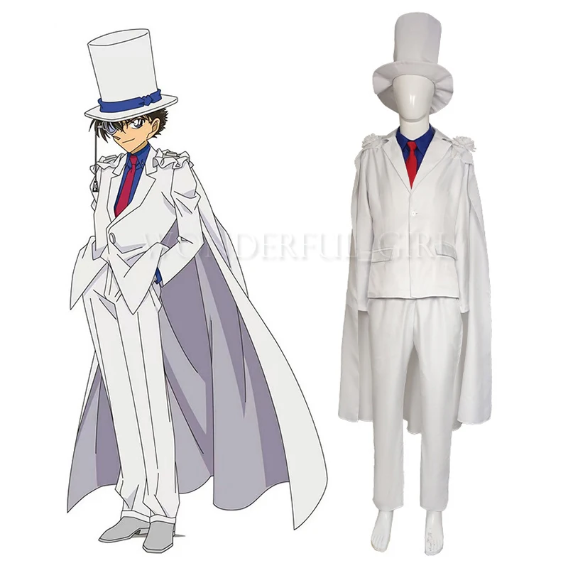 Detective Conan Kaito Kuroba Cosplay Costume White Uniform Outfit+Glasses Halloween Party Costumes for Women/Men Anime Costumes