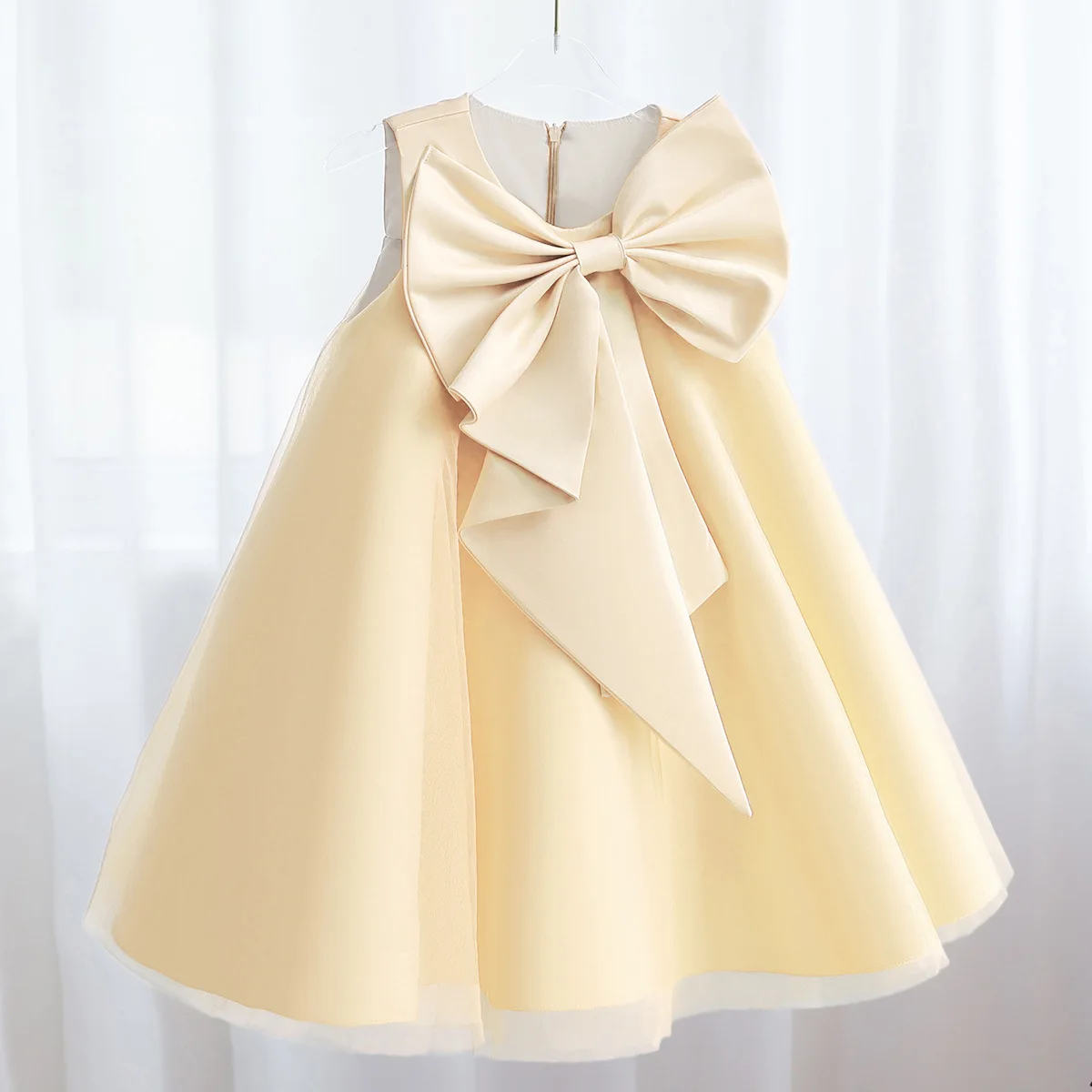 Abito da ragazza di fiore con fiocco in tulle di raso da principessa per bambini, abito da prima comunione per bambini, abito da ballo, abito da festa di nozze, compleanno