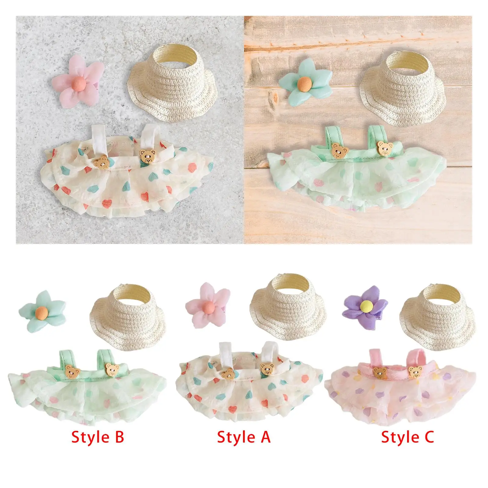 

3x Dolls Dress Cloth Doll Apparel Cute with Hat Flower Hairpin Doll Accessory Outfits for 15-17cm Dolls DIY Supplies Girl Gifts