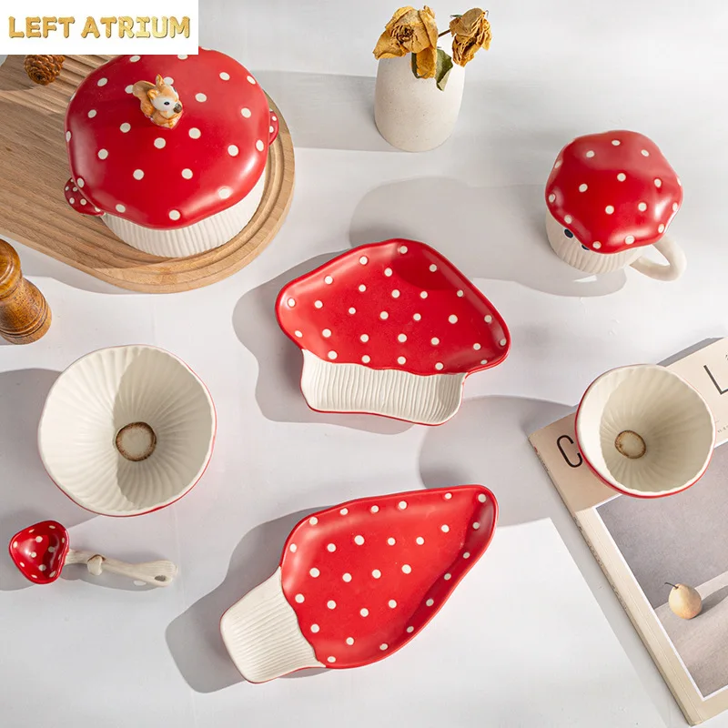 Chic Mushroom Ceramic Tableware Sets Contrast Red Color Dot Rice Bowls Salad Plates Dessert Dishes 1.2L Noodle Bowls Dinnerwares