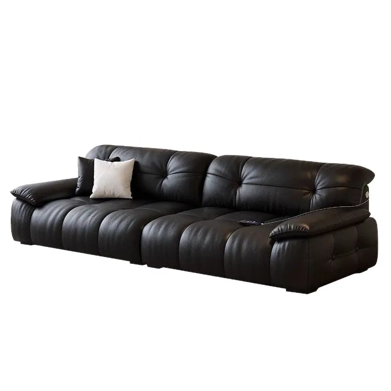 French retro cloud leather sofa living room home straight row large sitting deep with rechargeable leather sofa
