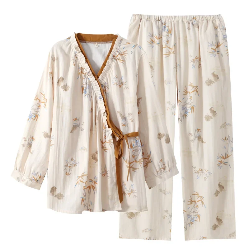 

Autumn Japanese Kimonos Home Clothes for Women Loose Sleepwear Breathable Pajamas Two-piece Hanfu Style Loungewear Suit