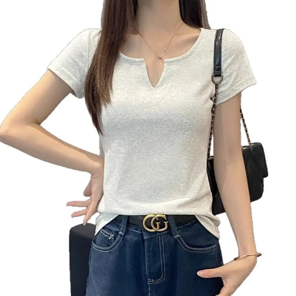 

Women's White V Neck Short-Sleeved T-Shirt Slim Fit Right Shoulder Design Spring Summer New Inner Layering Top