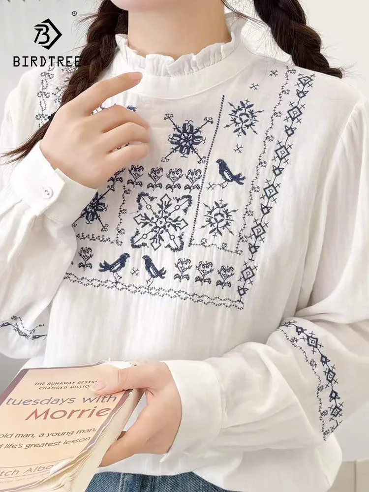 

New 2025 Winter Cotton Yarn Long Sleeve Shirt, Women Stand Ruffles Embroidery, Mori Girl National Style Loose Blouse T5N918CC