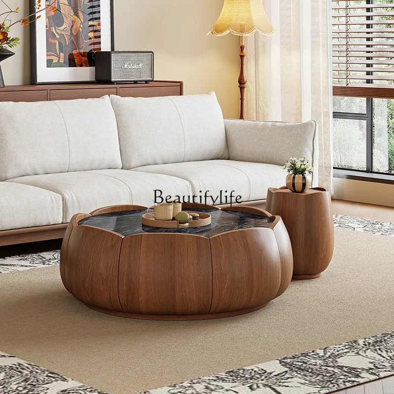 

01 Vintage Style Marble Coffee Table Wabi-Sabi Style Home Irregular Solid Wood Storage Side Table Set