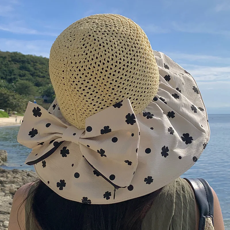 Summer Hats For Women Flower Printed With Big Bow Fisherman Cap Sunscreen Beach Hat Female Uv Protect Sun Hat Ladies Gorro