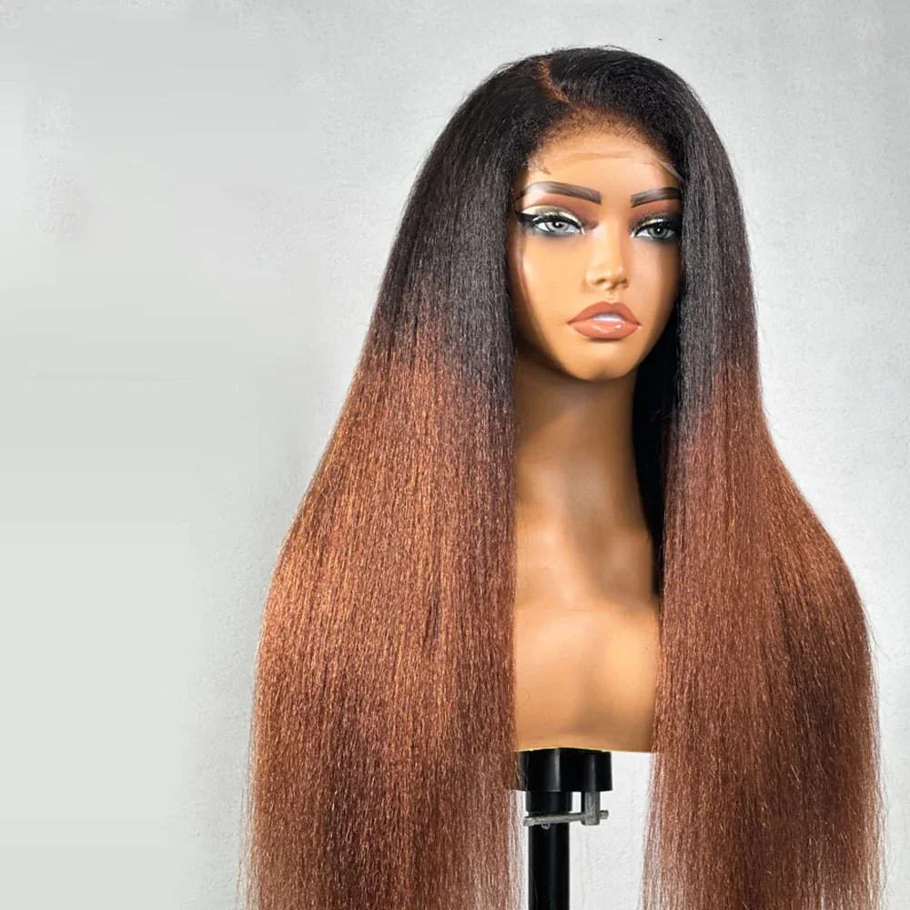 26 بوصة 180 الكثافة أومبير شقراء غلويليس طويل ياكي غريب مستقيم عميق الدانتيل شعر مستعار أمامي للنساء مع BabyHair preplucked يوميا