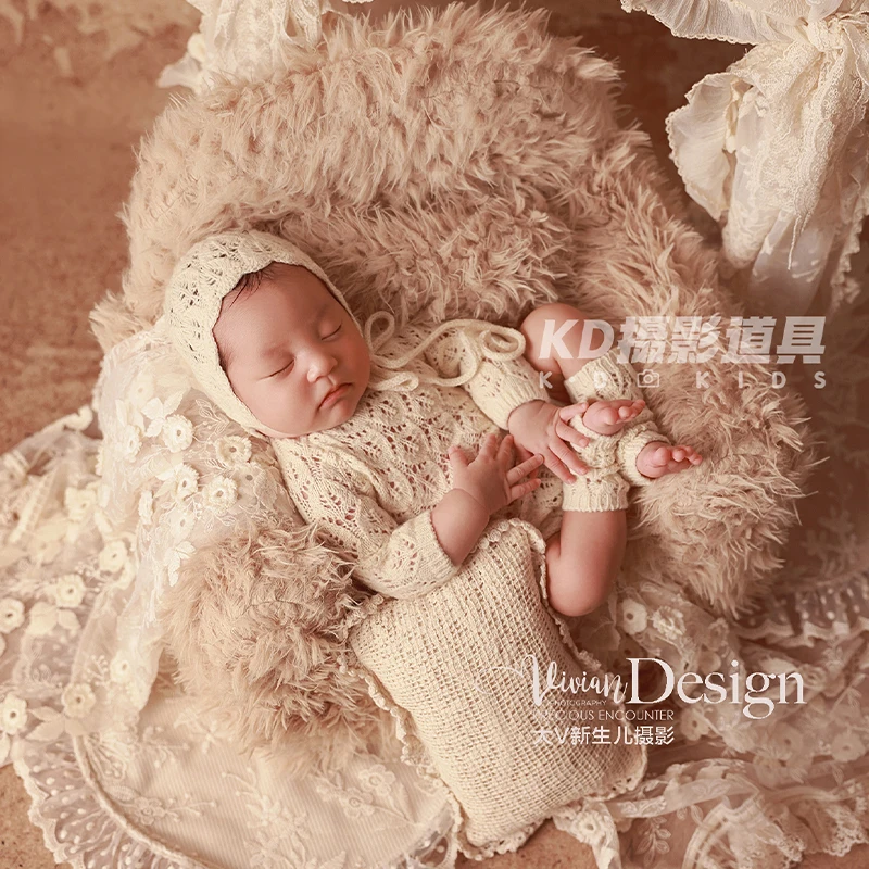 خمر الوليد التصوير الزي البيج محبوك الدانتيل رومبير + بونيه + الجوارب مجموعة ريترو ستايل الطفل صور الدعامة لحديثي الولادة اطلاق النار #3