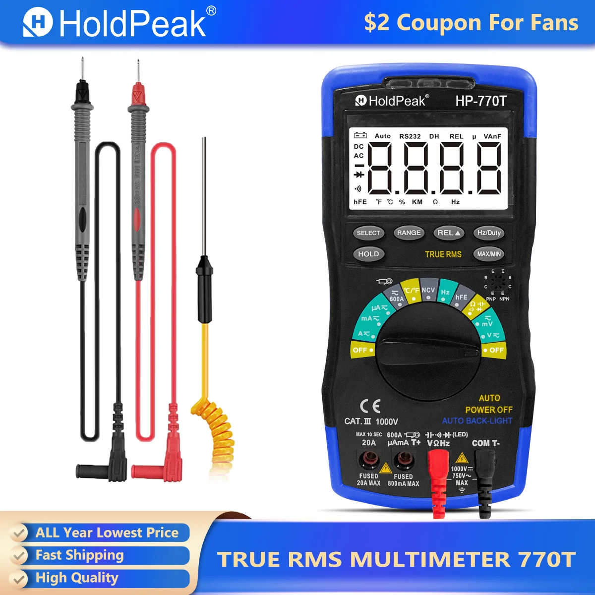 

Цифровой мультиметр HOLDPEAK HP-770T 6000 отсчетов TRMS DMM CATIII 1000 В, автоматический выбор диапазона, хранение данных, Бесконтактный индикатор напряжения, Вольтметр AC/DC Amp Ohm