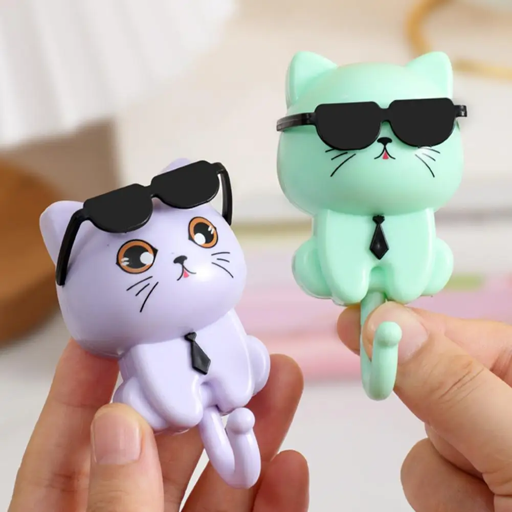 1pcs Cute Cat Key Hook Gravities Induction Decorative Hooks Fun Kitten Wearing Sunglasses Coat Hook Adhesive Hooks