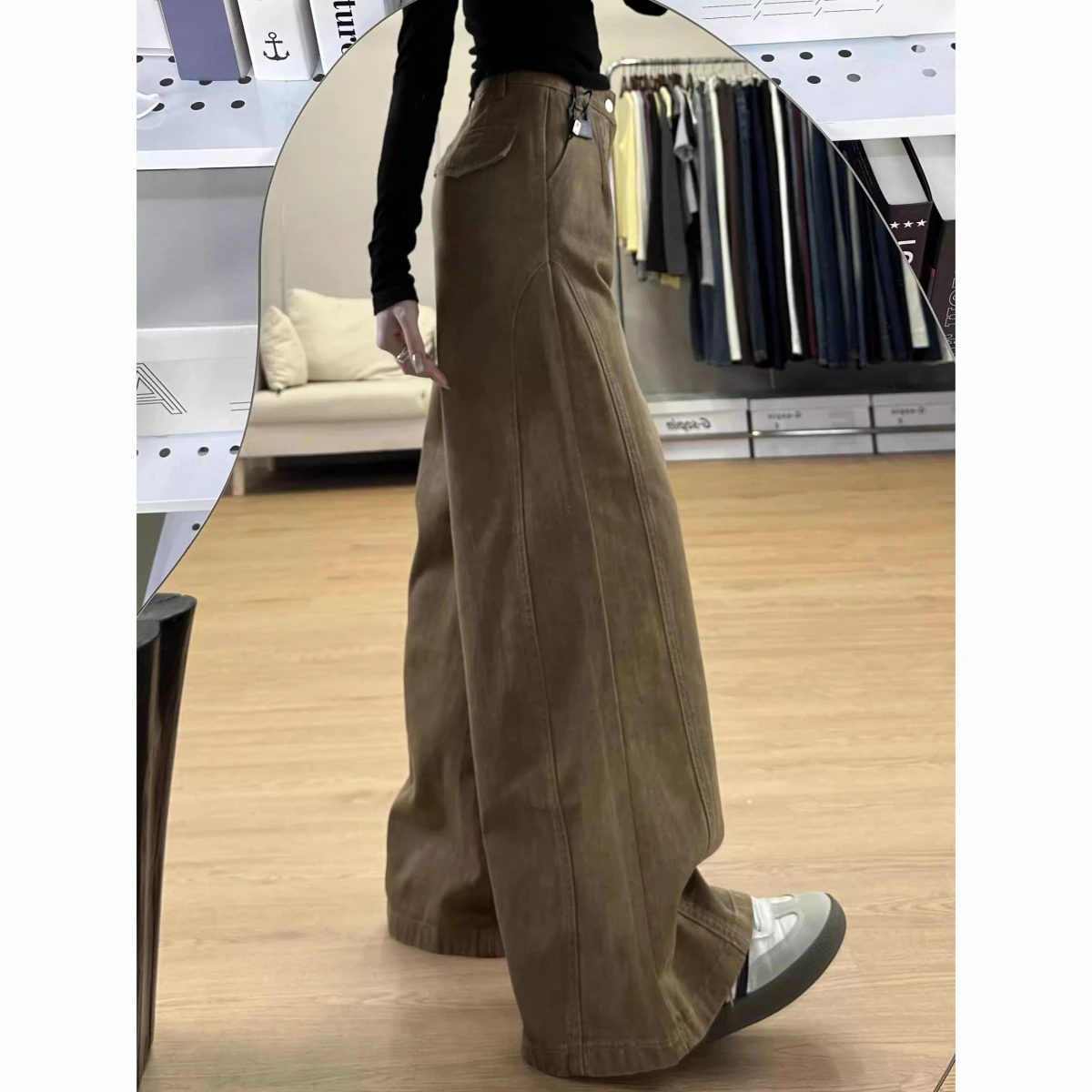 

Retro American Waed Khaki Wide Leg Jeans Women's Spring Autumn Loose Lazy Loose Dra Floor-Length Pants Casual Cotton