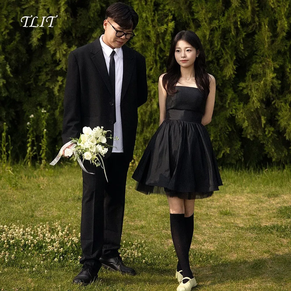 

TLIT Simple Black Taffeta Short Evening Dresses Customized Black Sashes Prom Gown Korea Wedding Dresses Photo Shoot Tulle Hem