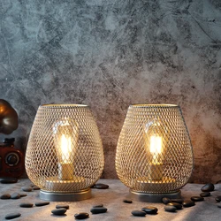 Set of 2 Metal Cage Table Lamp Vintage Battery Operated Lamp Cordless Lamp LED Lantern for Home Living Room Patio Parties Events