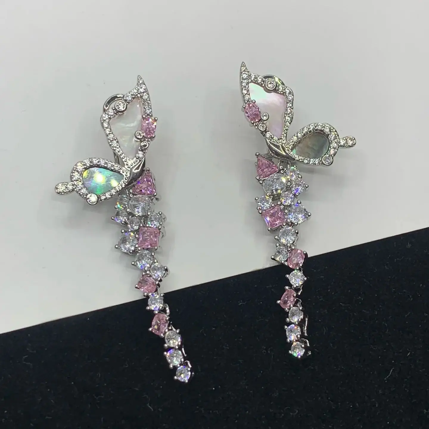 Butterfly colored diamond shell long asymmetrical earrings