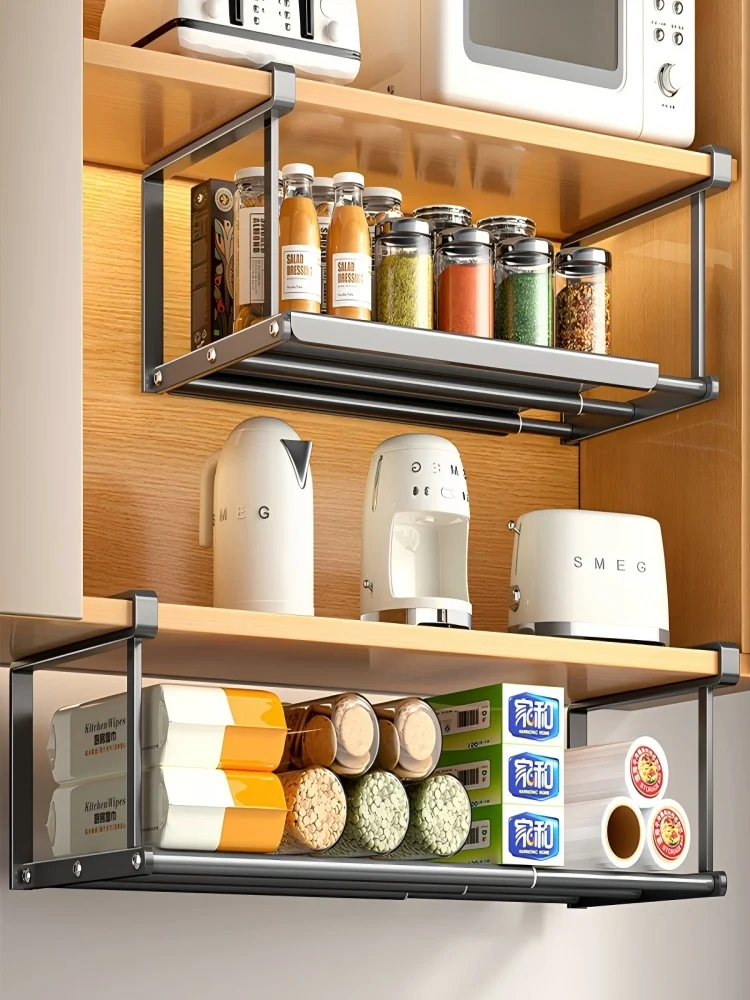 

Kitchen Hanging Storage Rack Expandable under Cabinet Storage Shelf Rectangular Carbon Steel Basket Organizer No Drilling Req...