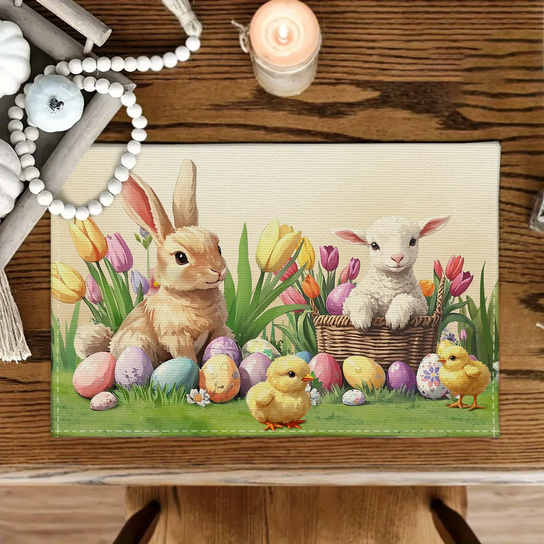 1PC Bunny Floral Easter Placemat , Egg Bunny Chick Tulip Floral Decor, Spring/ Summer Decor