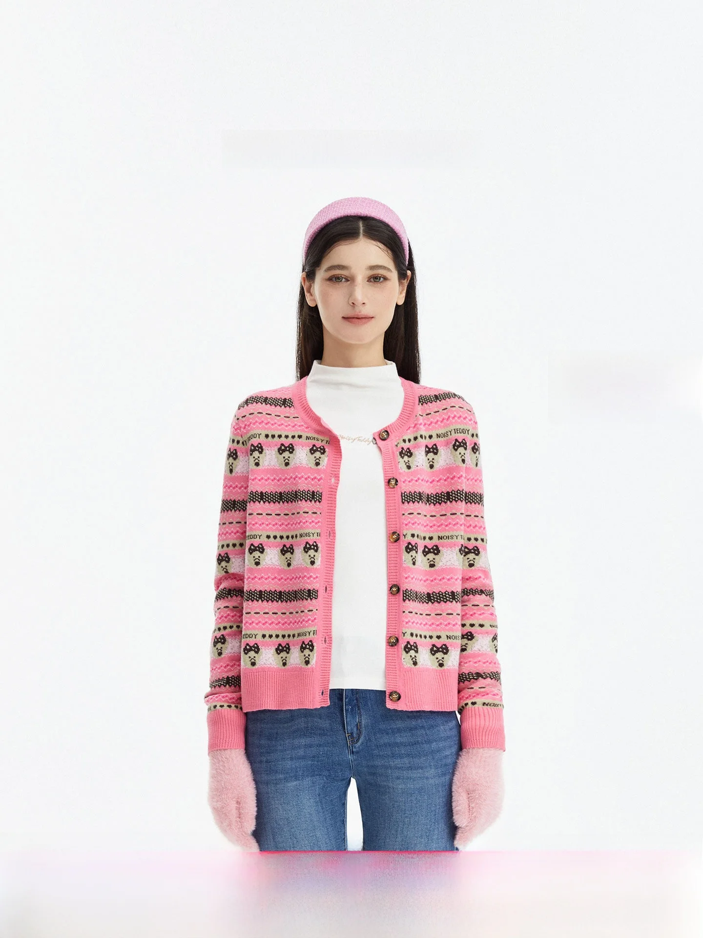 

Очаровательный вязаный кардиган с медведем, длинный рукав, круглый вырез, женский, свободный крой, с животным принтом, осенняя новинка