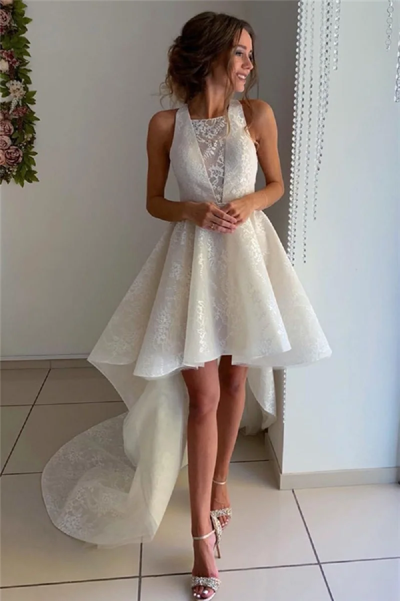 

Ivory Lace Front Short Long Back Beach Wedding Dresses Halter Backless High Low Tulle Bridal Gowns Bride Dress Robe De Mariee