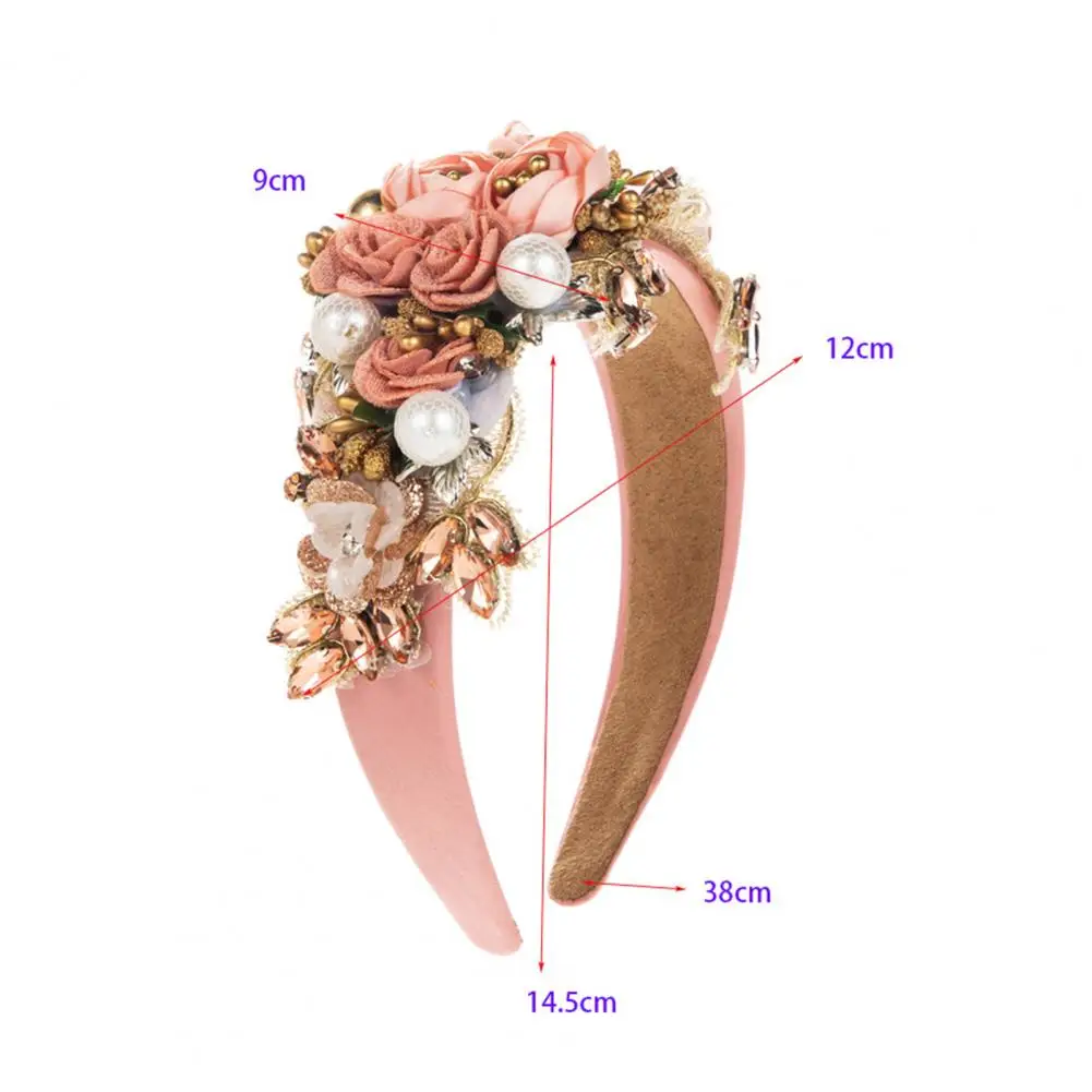 Vintage Headband Wide Vintage Luxury Women\'s Hair Hoop with Fake Flower Faux Pearl Shiny Rhinestone Decor Colorful Anti-slip