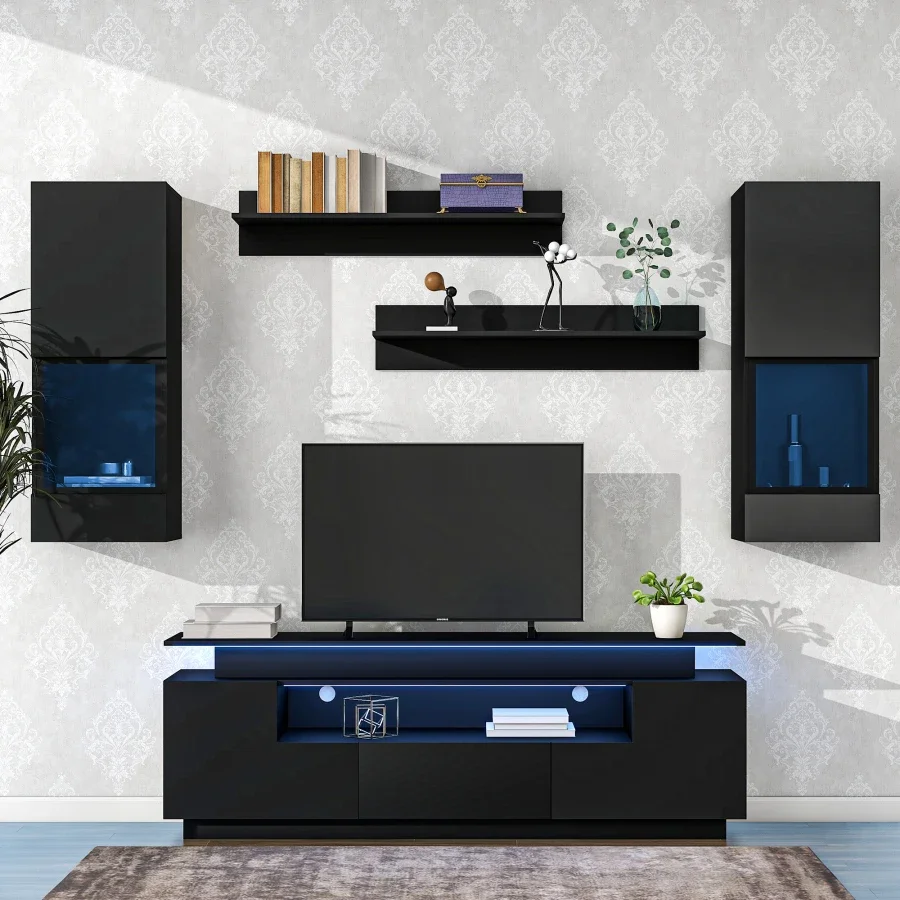 Nordic Floating TV Stand Set, High Gloss Wall Mounted Entertainment Center With 16-color LED Light Strips