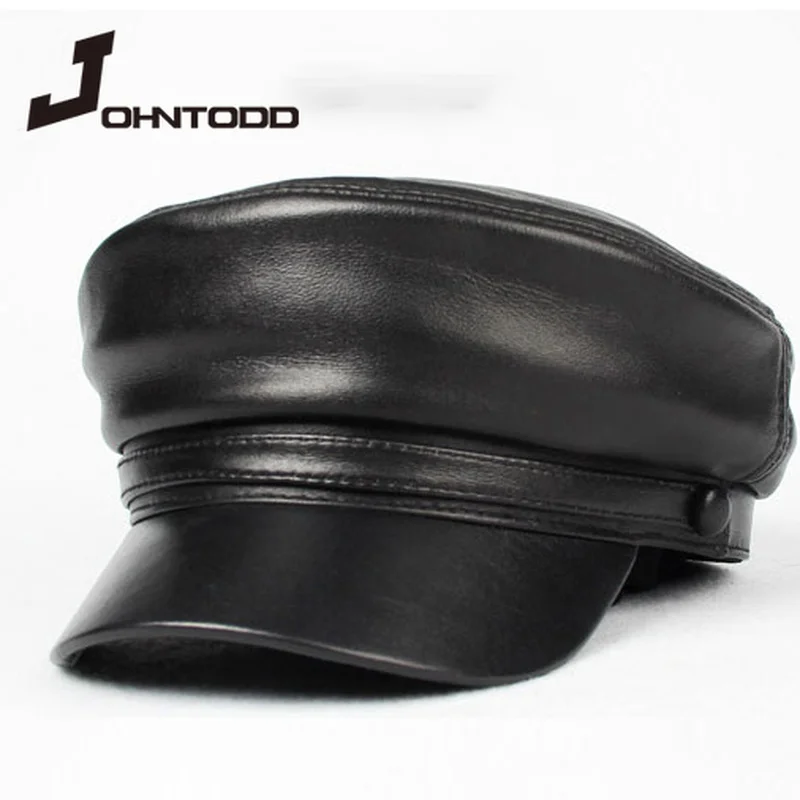 Cool unisex pu leather hat autumn sailor hat for women men cap black female travel student hat captain army flat top