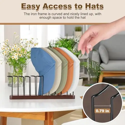 

Brown Wooden Desktop Hat Rack With Curved Iron Frame For Baseball Caps And Non-Slip Shirt Hangers Set