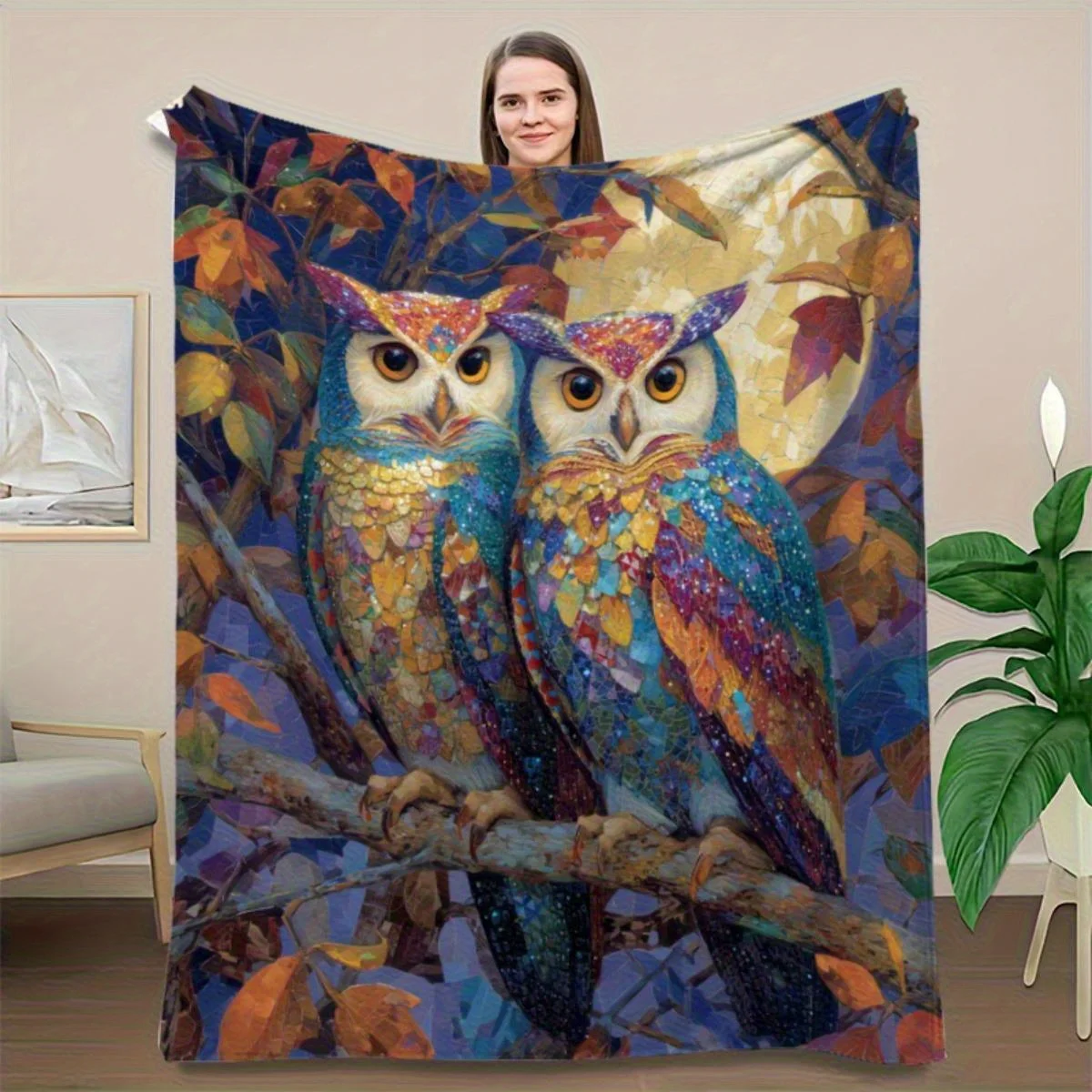 

Extra Large Flannel Throw Blanket - Soft Lightweight - Blue, Purple, Golden Autumn Leaves Design - Living Room Decor for Home