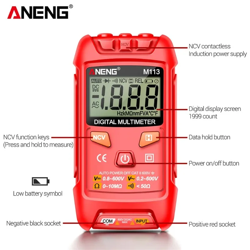 ANENG M113 Mini Digital Multimeter AC/DC Voltmeter 600V 1999 Counts Multimetro Ohm NCV Resistance Volt Tester Electricity Tools