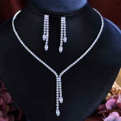 CWWZircons Bling Tassel Drop Cubic Zirconia Paved Women Party Wedding Jewelry Sets Fashion Bridal Necklace and Earrings T625