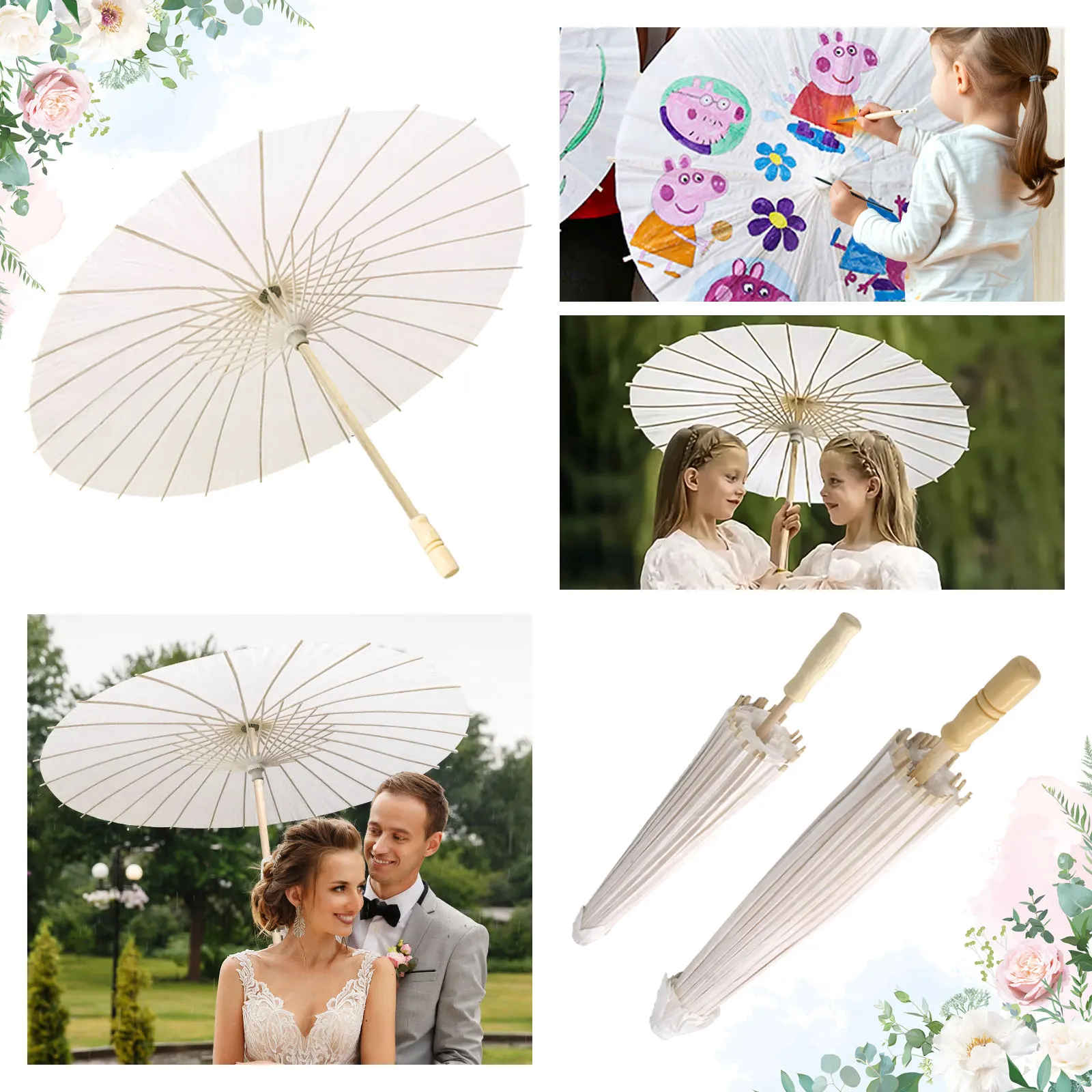 60/84cm Wedding paper umbrellas White DIY Chinese Paper umbrella Wooden handle Parasol Umbrellas Baby Shower Party Wedding Props