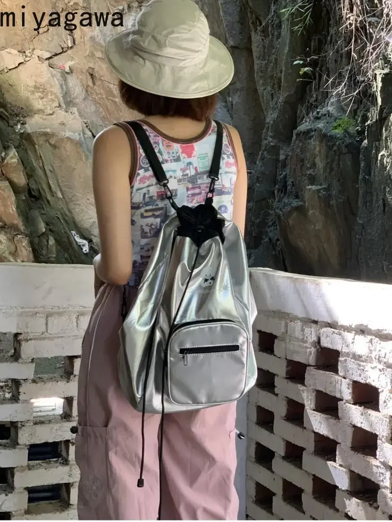 Miyagawa Silver PU Shoulders Bag with Drawstring Causal Fashion Spicy Girl Y2k Backpack 2024 New Travel Backpacks Bag