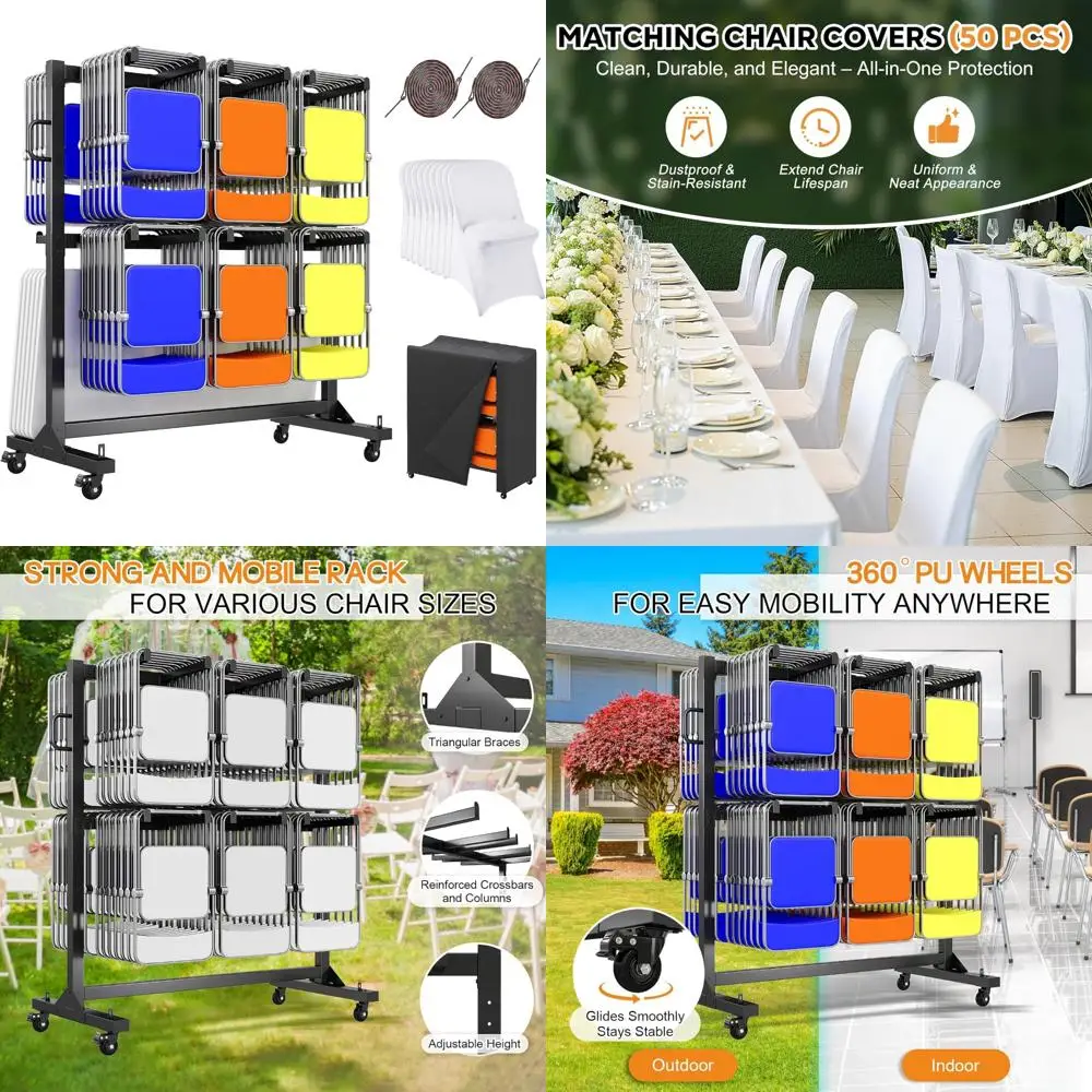 Robuust klapstoel- en tafelrek, geschikt voor 12 tafels of 84 stoelen, inclusief 50 stoelhoezen, capaciteit van 1100 lbs, winkelwagen