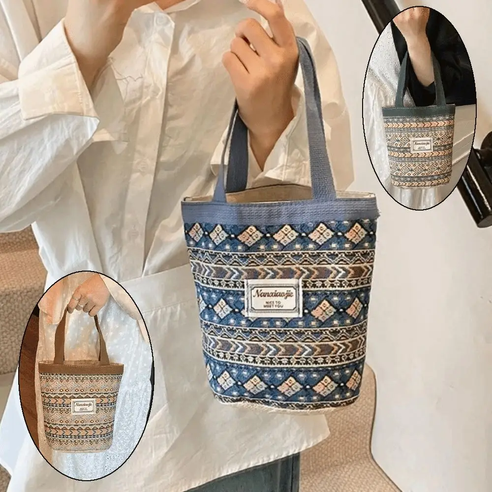 

Casual Hand-Carrying National Style Tote Bag Linen Lightweight Lunch Bag Flower Printed Shoulder Bag Women