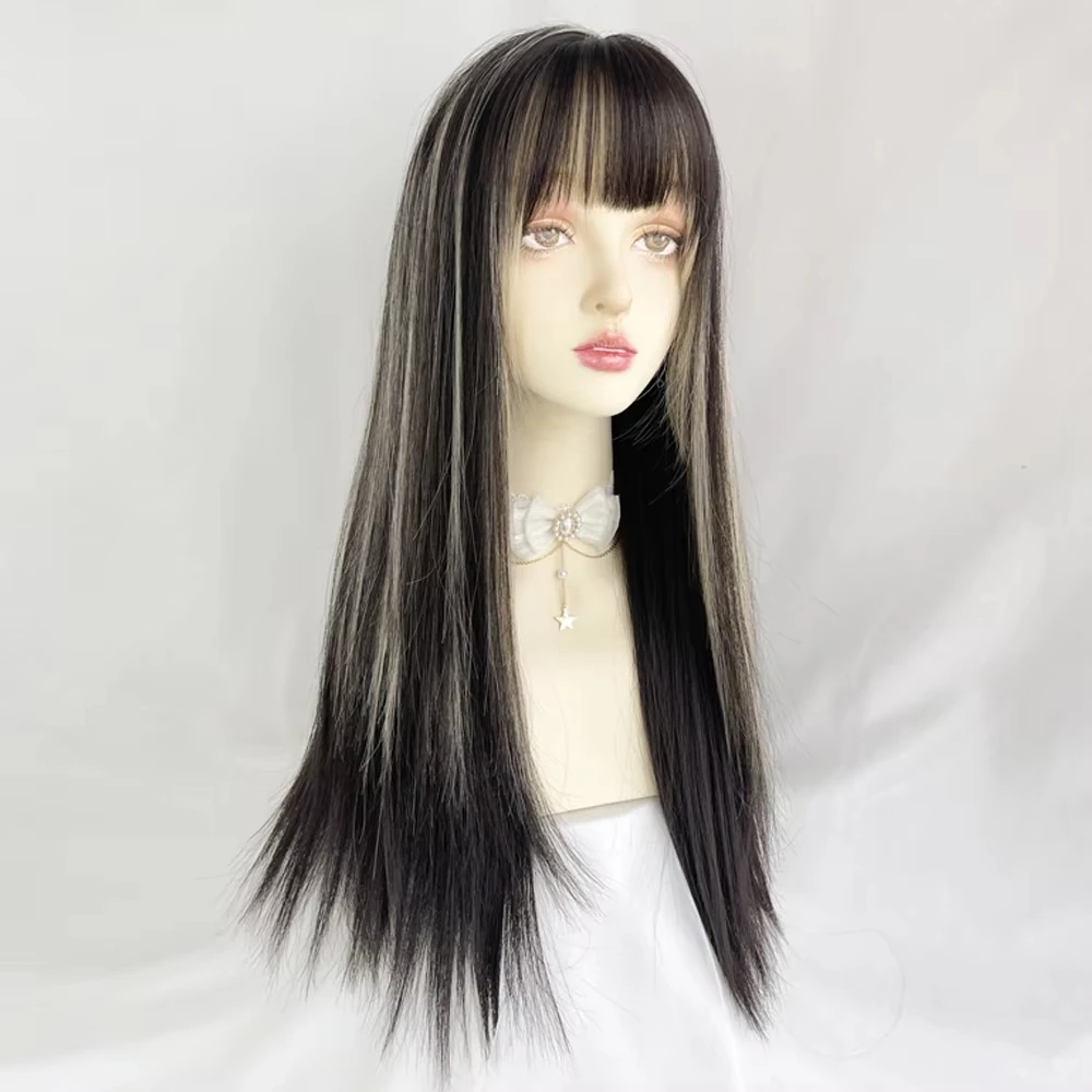 باروكة لوليتا صناعية مقاومة للحرارة للنساء بنمط مستقيم طويل مع ملابس يومية للحفلات التنكرية