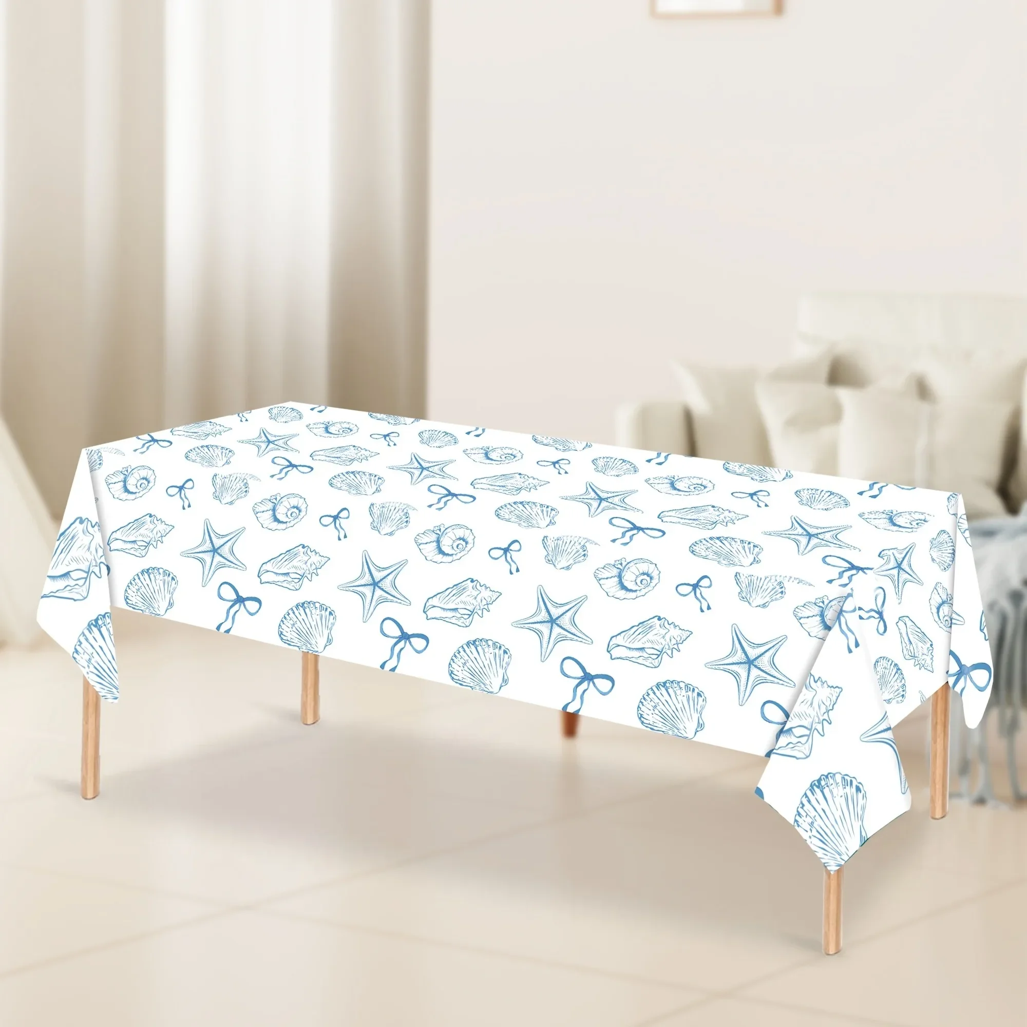 Single-ply machine woven, butterfly knot theme party tablecloth for marine life.Printed with starfish, shells, yzb