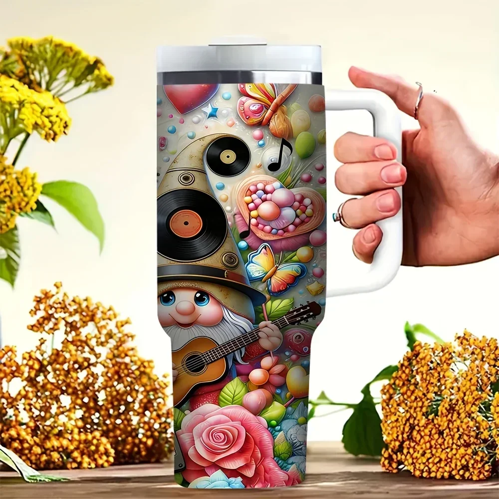 40oz Tumbler with Handle, Cute Music Gnome Pattern with Colorful Flowers And Butterflies, Perfect for Music Enthusiasts, Suitable for All Seasons, Ideal for Outdoor Trips And Daily Use, Fits Both Hot And Cold Drinks