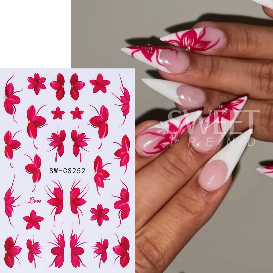 8 stks Bloemen Nail Art Stickers 3D Rood Blauw Sakura Hibiscus Bloemen Bloemblaadje Nail Decals DIY Lente Zomer Slider Manicure Decoratie