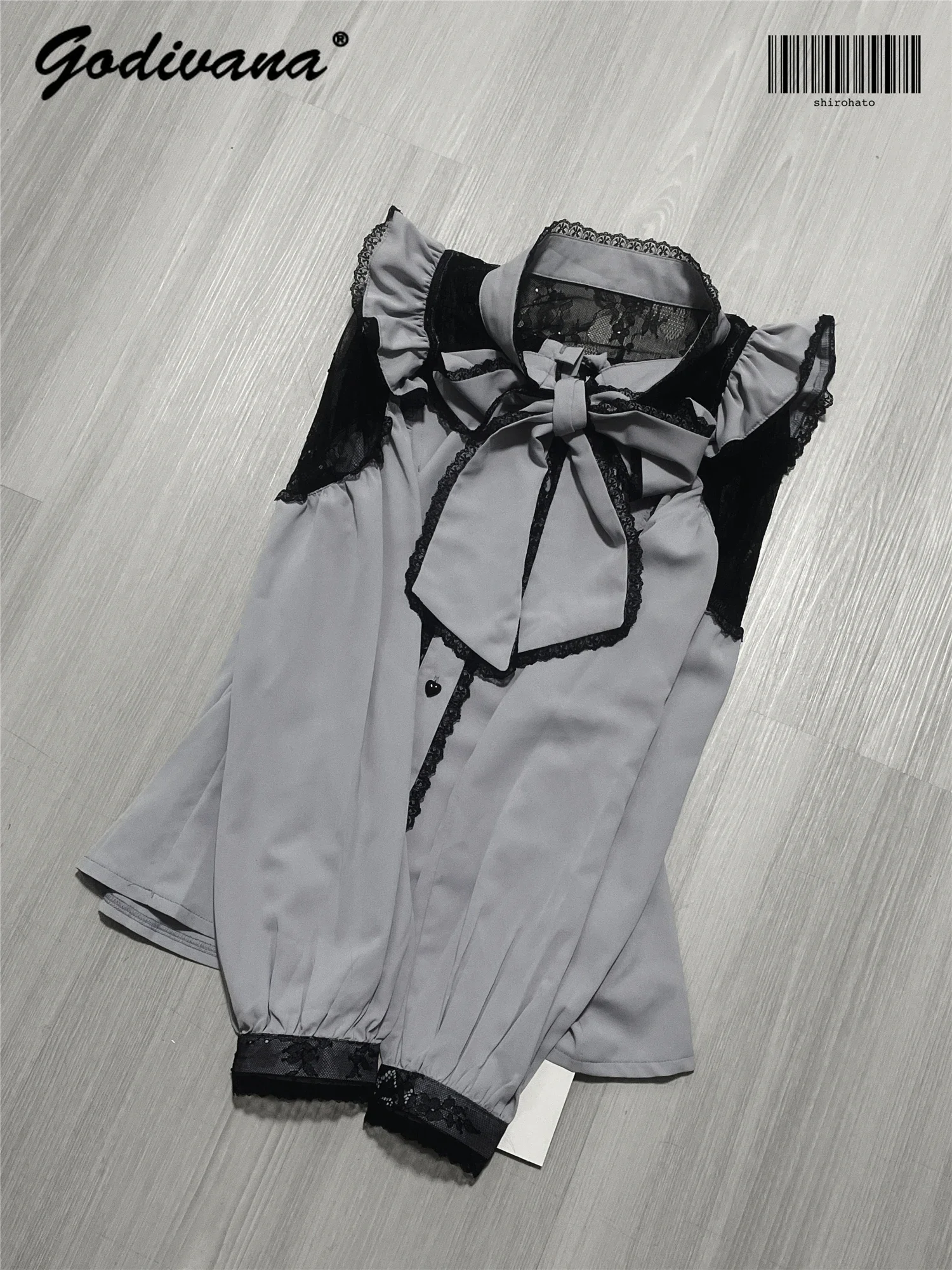 2024 Autumn Lace-Up Bow Collar Lace Splicing Long Sleeve Lolita Shirt Women Sweet Burgundy Shirt Japanese Black Blouses Girls